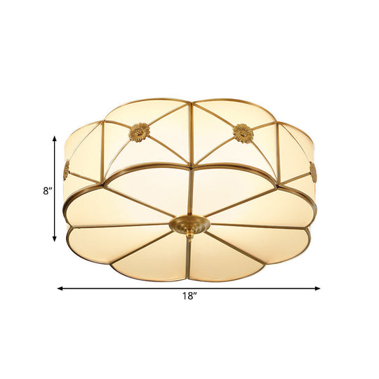 Traditional 1-Tiered White Glass & Gold Flush Mount Chandelier - 3/4/6 Bulbs (14/18/23.5 Width)