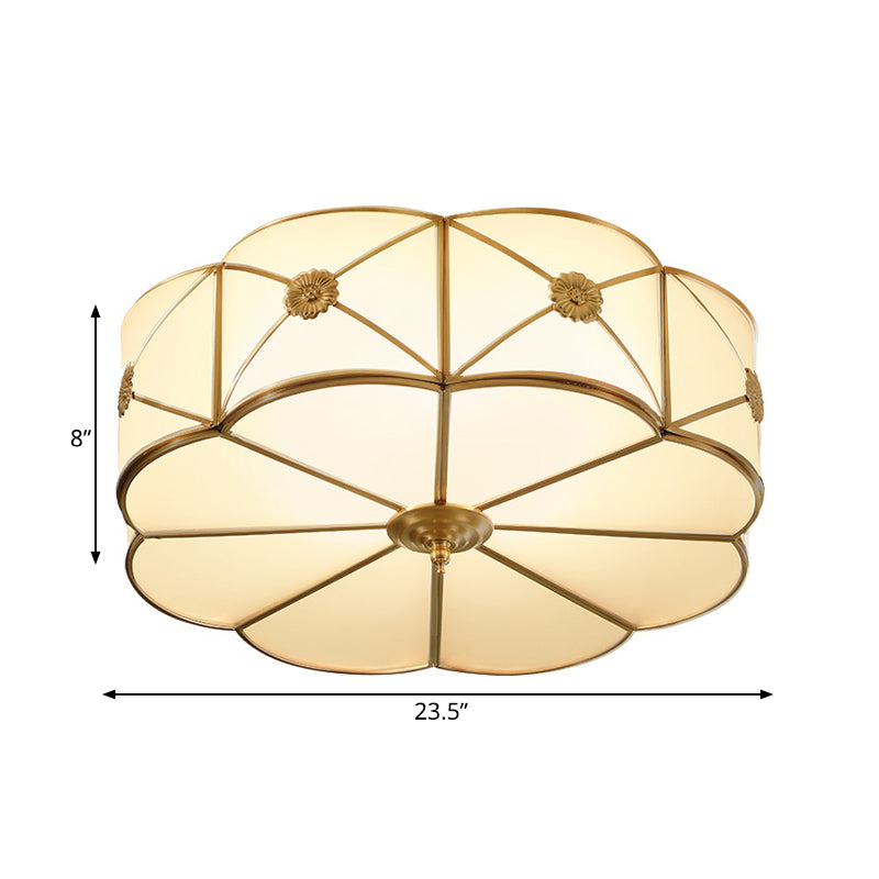 Traditional 1-Tiered White Glass & Gold Flush Mount Chandelier - 3/4/6 Bulbs (14’/18’/23.5’ Width)