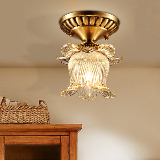 Traditional Brass Chandelier With Clear Ribbed Glass And Semi - Flush Mount For 1 Bulb