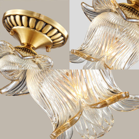 Traditional Brass Chandelier With Clear Ribbed Glass And Semi - Flush Mount For 1 Bulb