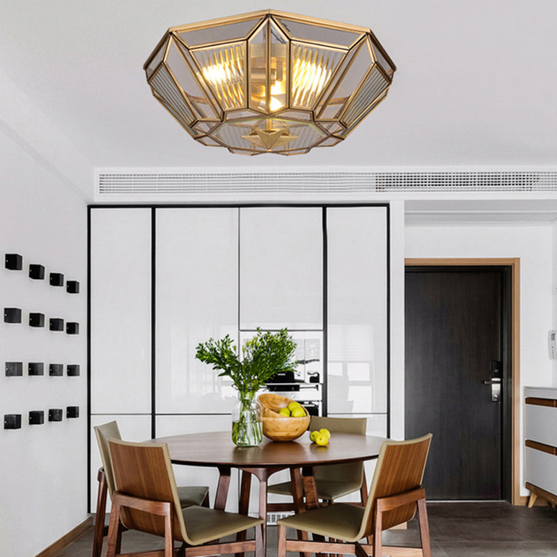 Traditional Brass Tapered Flush Mount Ceiling Light Fixture With 4 Bulbs And Ribbed Glass For Dining