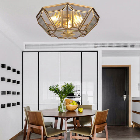 Traditional Brass Tapered Flush Mount Ceiling Light Fixture With 4 Bulbs And Ribbed Glass For Dining
