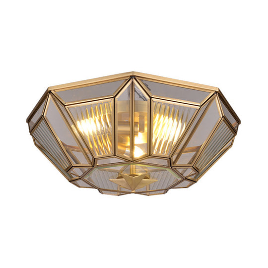 Traditional Brass Tapered Flush Mount Ceiling Light Fixture With 4 Bulbs And Ribbed Glass For