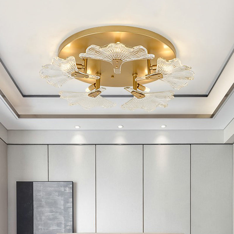 Clear Glass Brass Flush Mount Ceiling Light Fixture For Dining Room With 5 Bulbs
