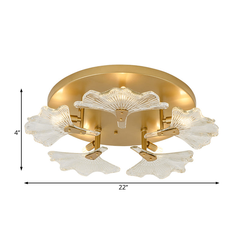 Clear Glass Brass Flush Mount Ceiling Light Fixture For Dining Room With 5 Bulbs
