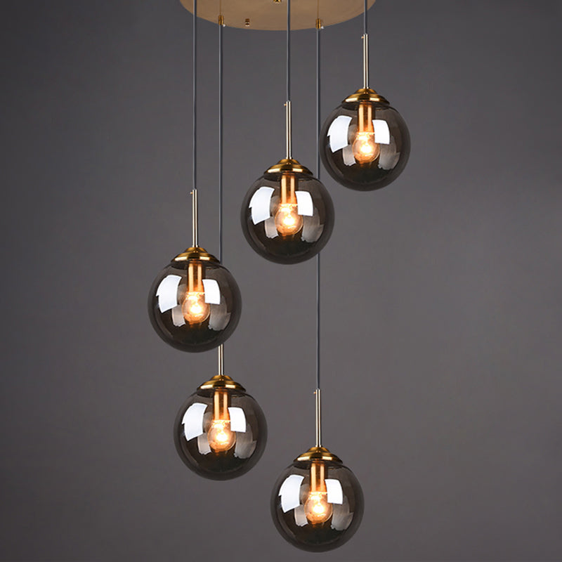 Brass Finish Cluster Ball Pendant - Post-Modern Glass Suspended Lighting Fixture With 5 Bulbs Smoke