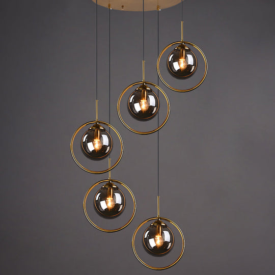 Brass Finish Cluster Ball Pendant - Post-Modern Glass Suspended Lighting Fixture With 5 Bulbs Smoke