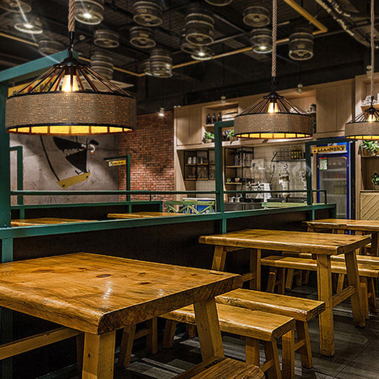 Farmhouse Hemp Rope Pendant Light - Conical Cage Design Brown Finish 1 Bulb