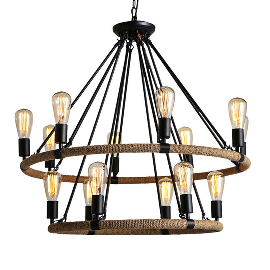 Country Style 14-Head Circular Roped Pendant Chandelier In Brown