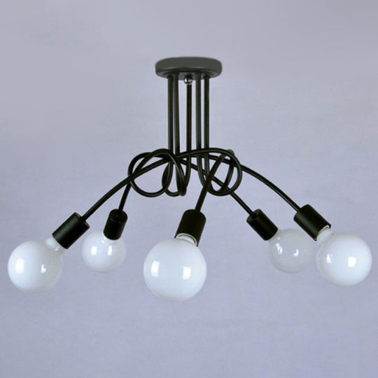 Black Metal Knot Chandelier With Bare Bulb Design - Industrial Living Room Lamp