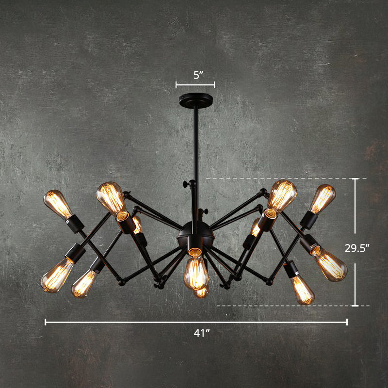 Iron Exposed Bulb Chandelier - Loft Style Restaurant Hanging Lamp With Swing Arm In Black 12 /
