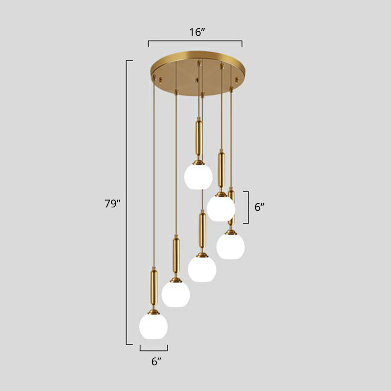 Gold Multi Hanging Stairway Light With Minimalist White Glass Ball Pendant 6 / Cylinder