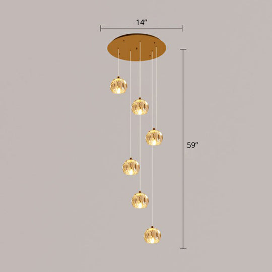 Minimalist Golden Crystal Ball Pendant Light For Stairs - Faceted Cut Ceiling Lamp Cluster 6 / Gold