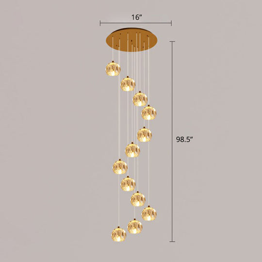 Minimalist Golden Crystal Ball Pendant Light For Stairs - Faceted Cut Ceiling Lamp Cluster 12 / Gold