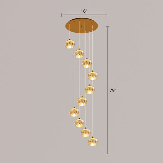Golden Cluster Pendant Light With Faceted Cut Crystal Ball Design For Stairway Illumination 10 /