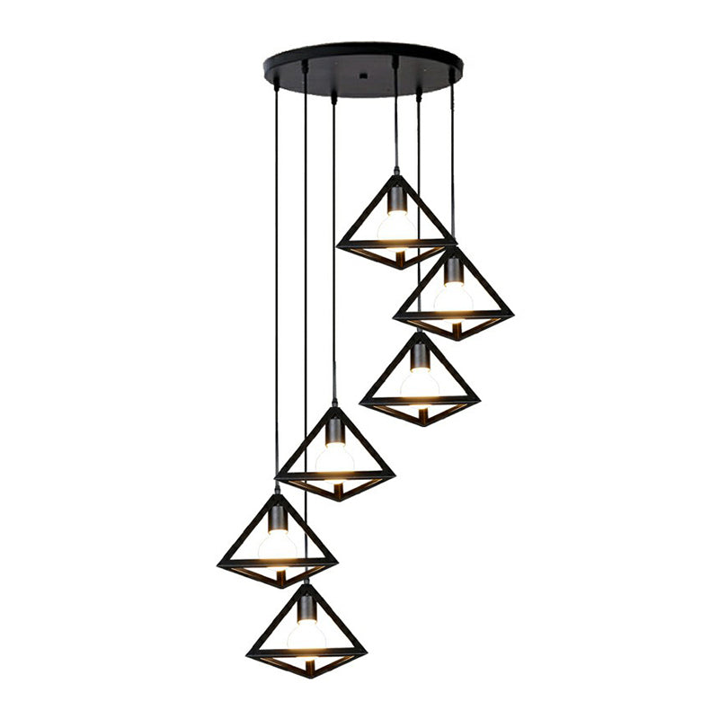 Black Tetrahedron Metal Shade 6-Light Cluster Pendant For Stairs Ceiling Loft Style