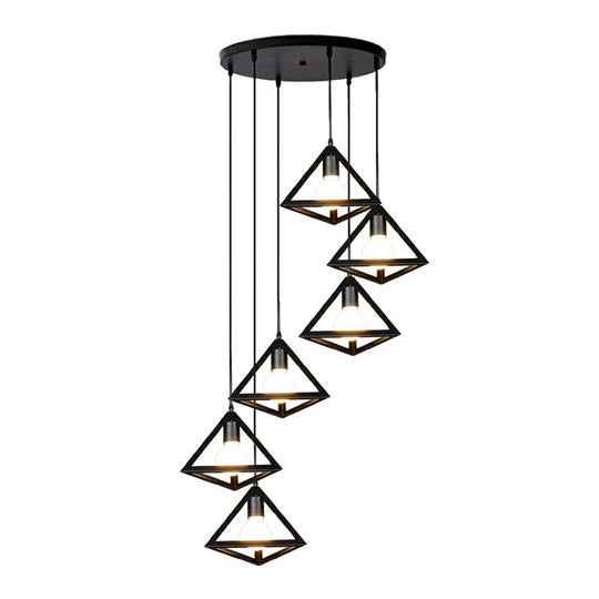 Black Tetrahedron Metal Shade 6-Light Cluster Pendant For Stairs Ceiling Loft Style