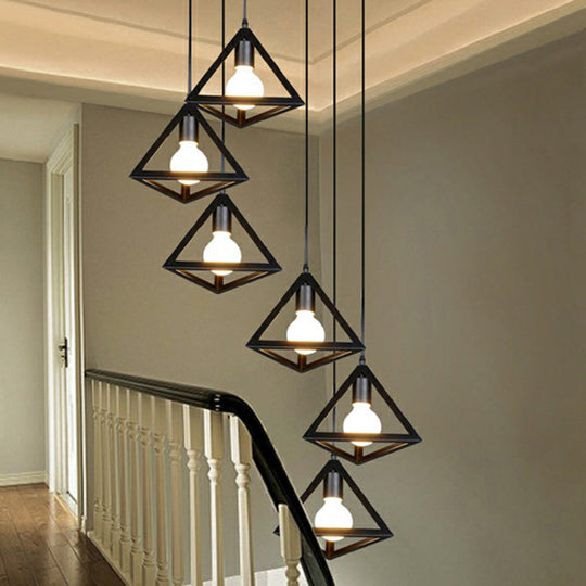 Black Tetrahedron Metal Shade 6-Light Cluster Pendant For Stairs Ceiling Loft Style