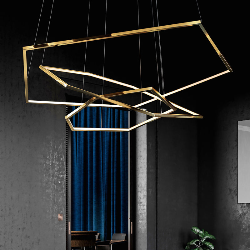 Minimalist Gold Led Chandelier For Living Room - Stainless Steel Hexagon Suspension Lamp