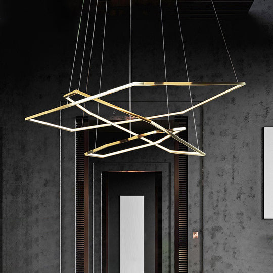 Minimalist Gold Led Chandelier For Living Room - Stainless Steel Hexagon Suspension Lamp