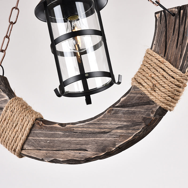 Nautical Brown Glass Pendant Lamp With Arch Wood Deco - Cylindrical 1-Bulb Hanging Light