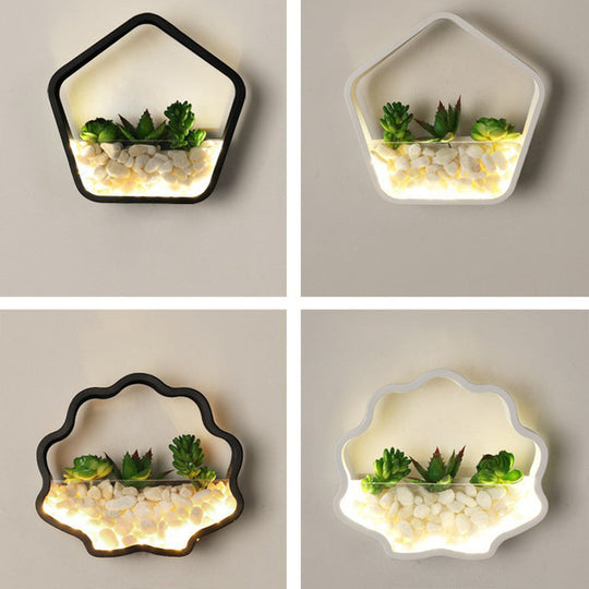 Art Deco Metal Halo Led Sconce Light - Wall Mounted With Cobblestone And Imitation Plant Black /