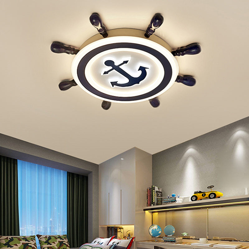 Blue Led Flushmount Ceiling Lamp For Kids Room With Cartoon Ship Rudder Design