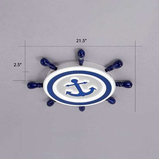 Blue Led Flushmount Ceiling Lamp For Kids Room With Cartoon Ship Rudder Design / 21.5’ White