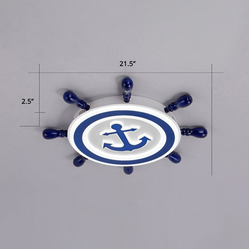 Blue Led Flushmount Ceiling Lamp For Kids Room With Cartoon Ship Rudder Design / 21.5 White