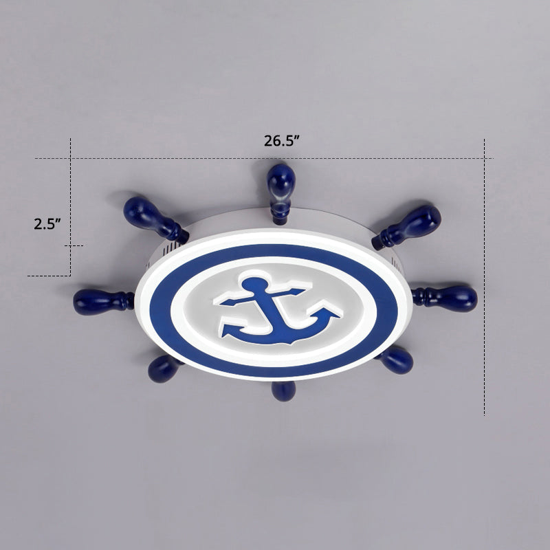 Blue Led Flushmount Ceiling Lamp For Kids Room With Cartoon Ship Rudder Design / 27’ White