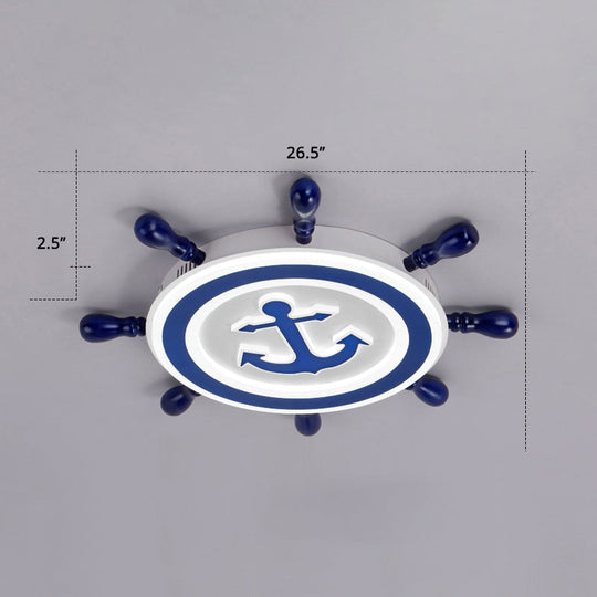 Blue Led Flushmount Ceiling Lamp For Kids Room With Cartoon Ship Rudder Design / 27 White