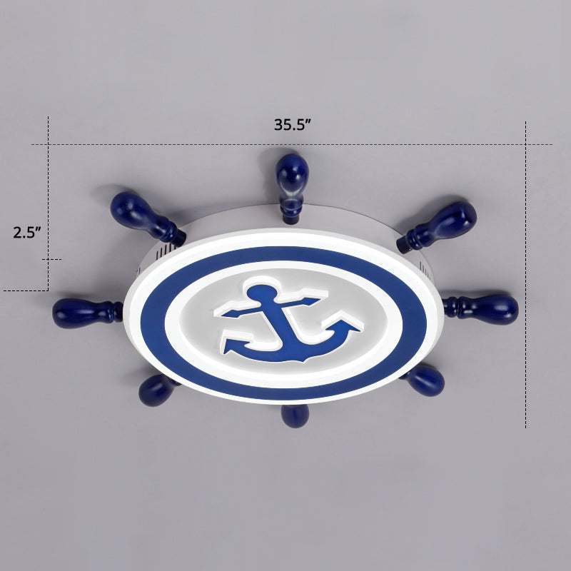 Blue Led Flushmount Ceiling Lamp For Kids Room With Cartoon Ship Rudder Design / 35.5’ Warm