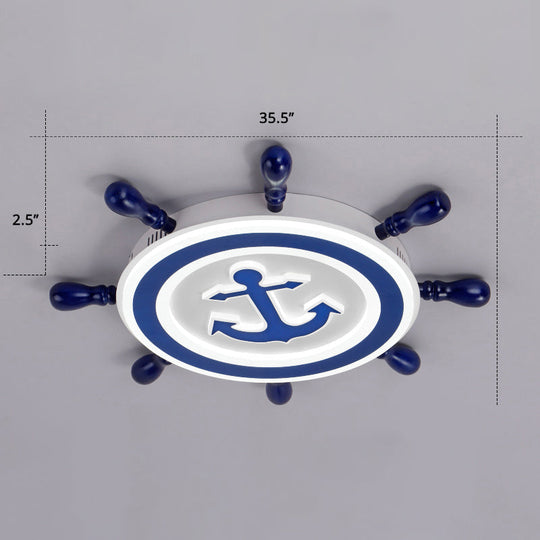 Blue Led Flushmount Ceiling Lamp For Kids Room With Cartoon Ship Rudder Design / 35.5 Warm