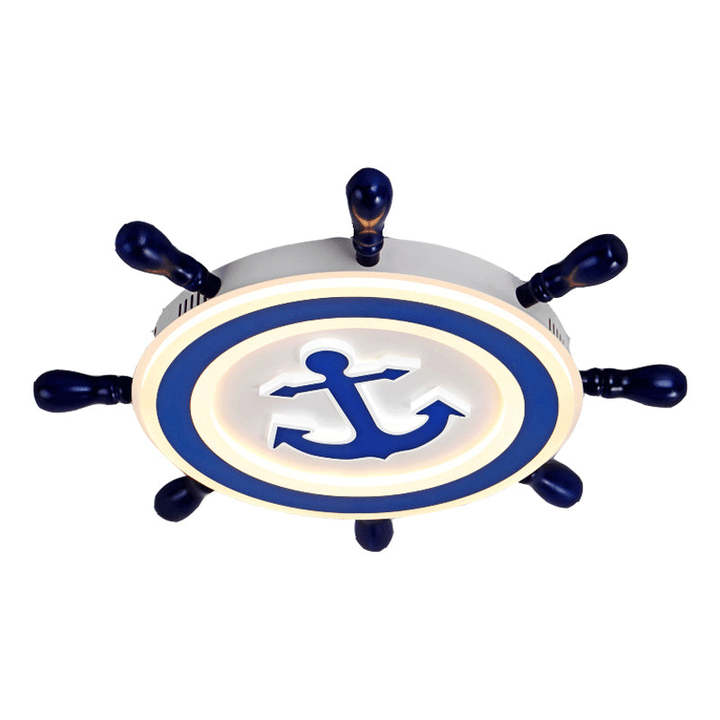 Blue Led Flushmount Ceiling Lamp For Kids Room With Cartoon Ship Rudder Design