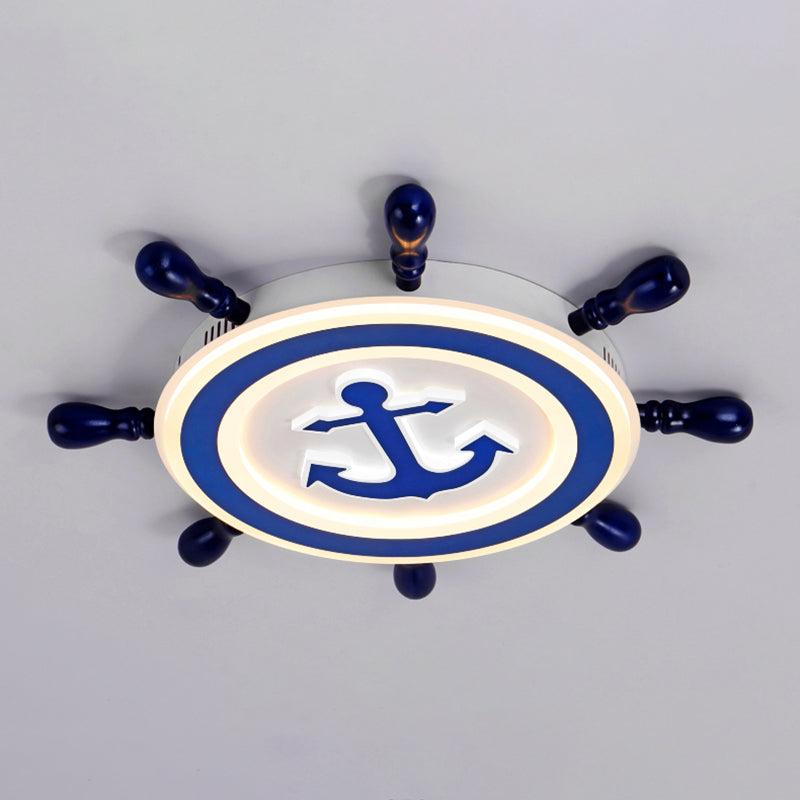 Blue Led Flushmount Ceiling Lamp For Kids Room With Cartoon Ship Rudder Design