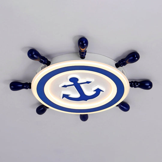 Blue Led Flushmount Ceiling Lamp For Kids Room With Cartoon Ship Rudder Design