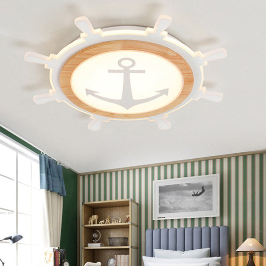 Nautical Acrylic Led Flush Mount Ceiling Light For Kids Room Wood / Natural Rudder