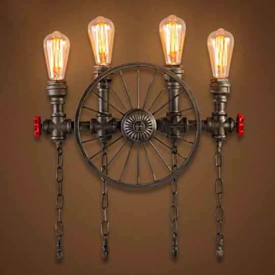 Industrial Iron Garage Sconce Lamp - Black Wheel Wall Mounted Light With Chain And Valve 4 /