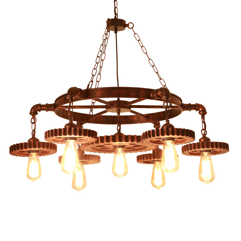 Factory Style Iron Suspension Chandelier With Bronze Finish & Gear Wheel Deco – Bare Bulb Lighting