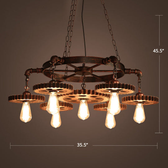 Factory Style Iron Suspension Chandelier With Bronze Finish & Gear Wheel Deco – Bare Bulb Lighting