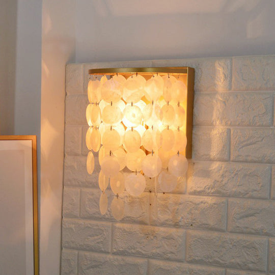 Country Style Gold Shell Wall Lamp With Circle Strands - 1 Head Bedroom Sconce Light