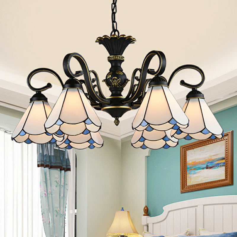 Mediterranean Hand Cut Glass Chandelier With 6 Conical Hanging Lamps & Scalloped Edges
