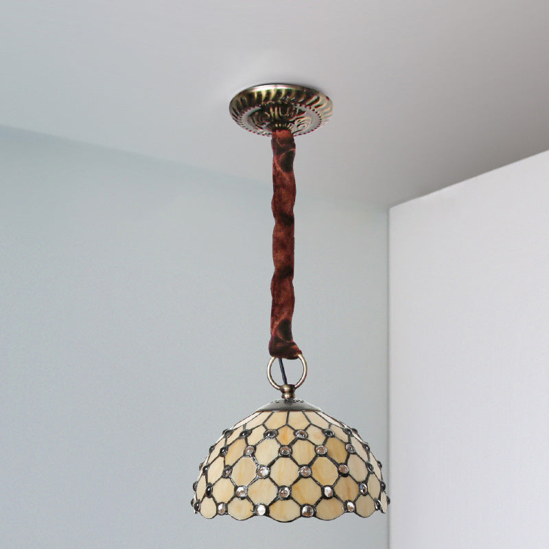 Beige Tiffany Glass Bowl Suspension Lamp: Elegant 1-Bulb Ceiling Light Fixture With Jewel Deco