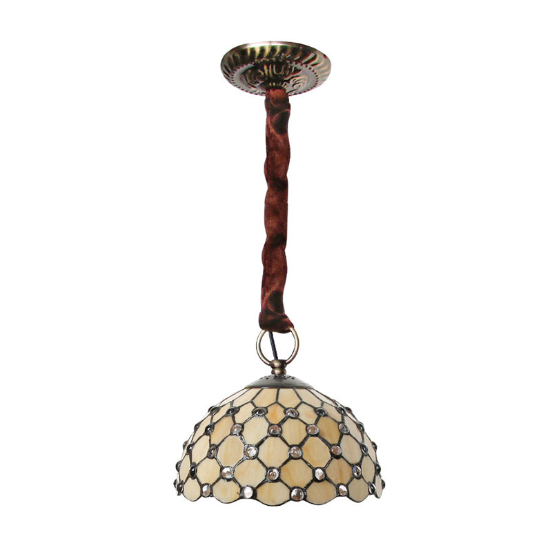 Beige Tiffany Glass Bowl Suspension Lamp: Elegant 1-Bulb Ceiling Light Fixture With Jewel Deco