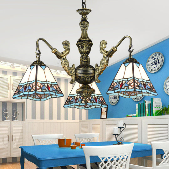 Tiffany Style Stained Glass Ceiling Chandelier: Pyramid Design With Mermaid Deco In Bronze 3 /