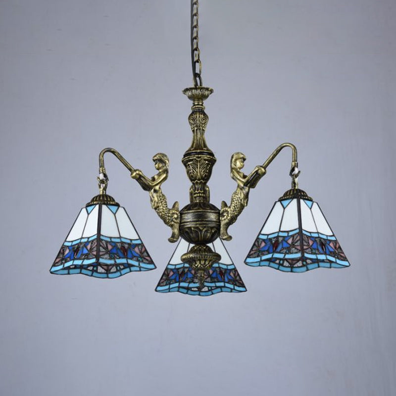 Tiffany Style Stained Glass Ceiling Chandelier: Pyramid Design With Mermaid Deco In Bronze