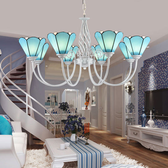 Handcrafted Mediterranean Blue Glass Chandelier With White Arched Arm - Conical Hanging Ceiling