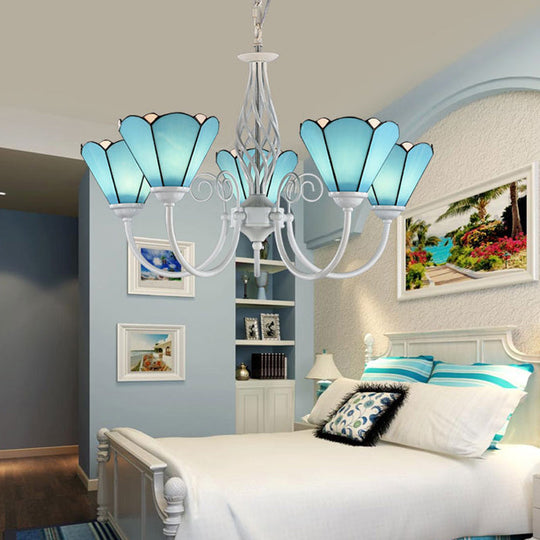Handcrafted Mediterranean Blue Glass Chandelier With White Arched Arm - Conical Hanging Ceiling