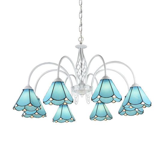 Mediterranean Blue Conical Glass Chandelier With White Arched Arm - Handcrafted Hanging Ceiling
