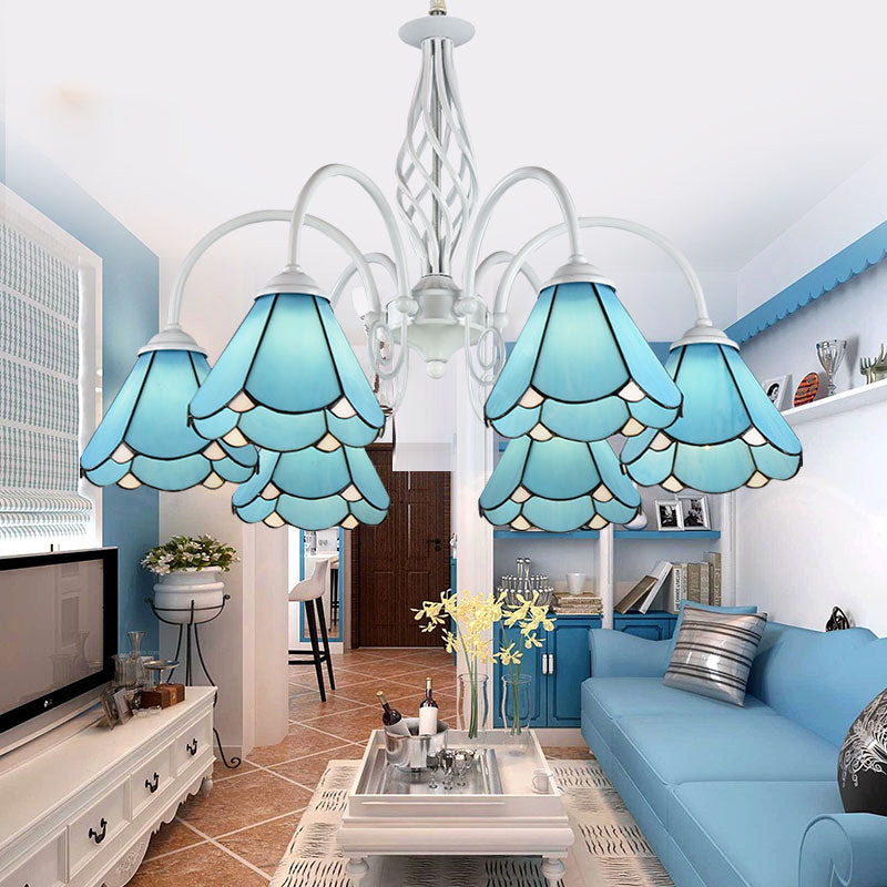 Handcrafted Mediterranean Blue Glass Chandelier With White Arched Arm - Conical Hanging Ceiling